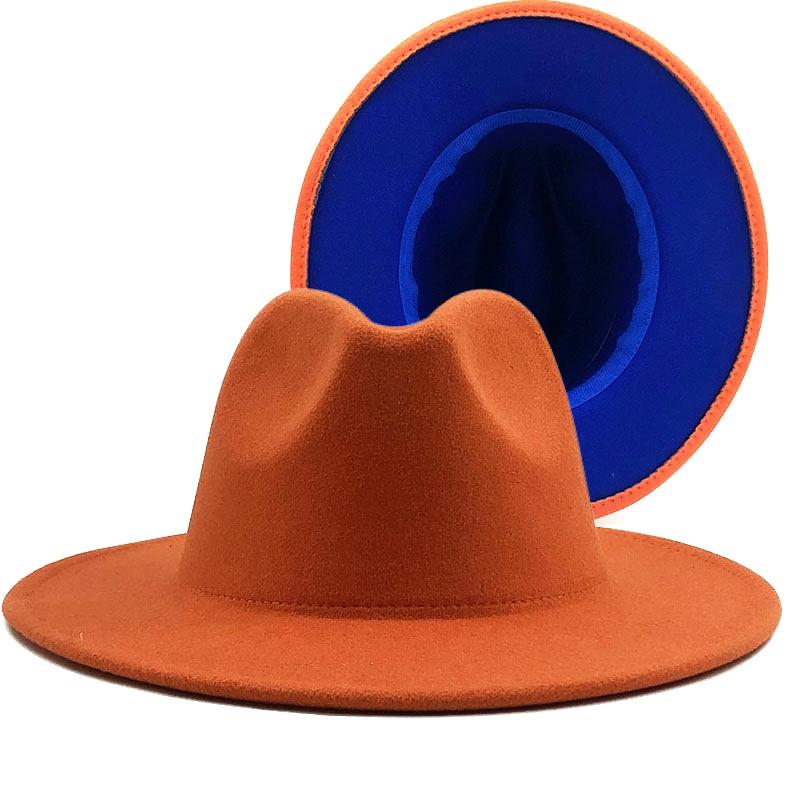 

Wide Brim Hats Outer ORANGE Simple Inner BLUE Wool Felt Jazz Fedora With Thin Belt Buckle Men Women Panama Trilby Cap 56-58-60CM