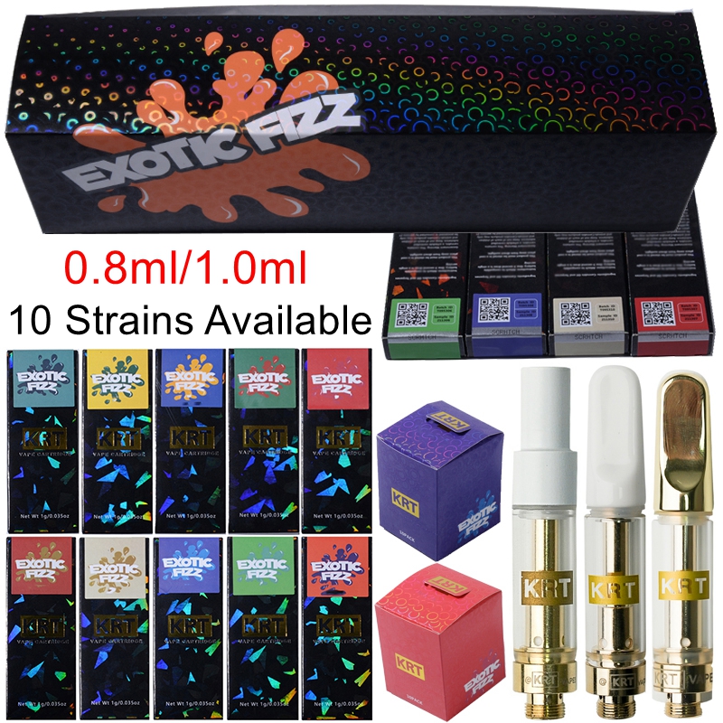 

10 Strains Exotic Fizz KRT Atomizers Empty Vape Pen Cartridges Packaging Carts 1ml 0.8ml Ceramic 510 Thread Thick Oil Vaporizer E Cigarettes Hologram Box With QR Code