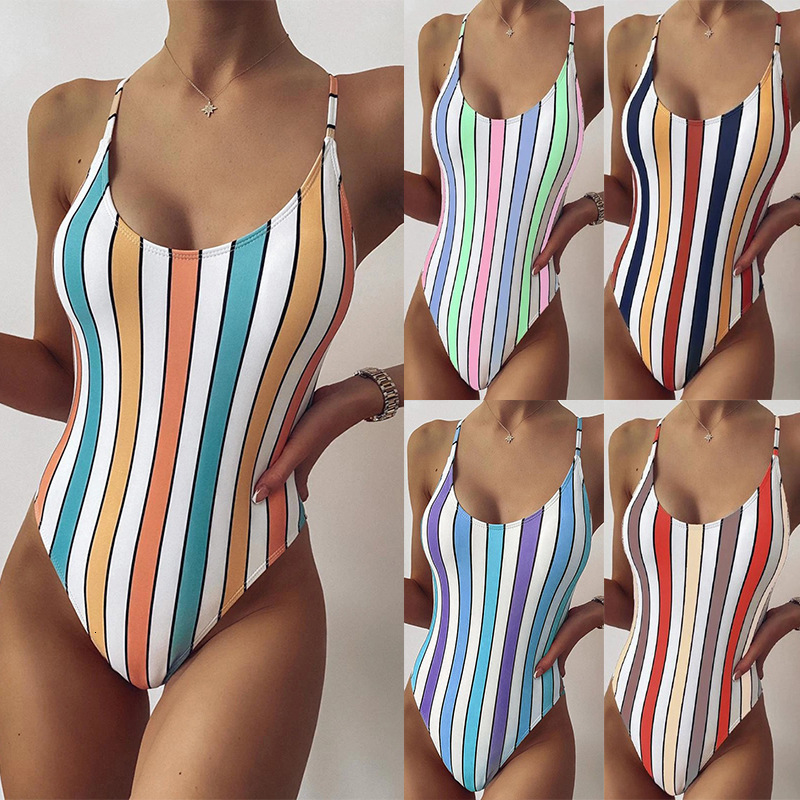 Multi Color Striped 2021 One Piece Women&#039;s Swimsuit Bikini-image-678491883
