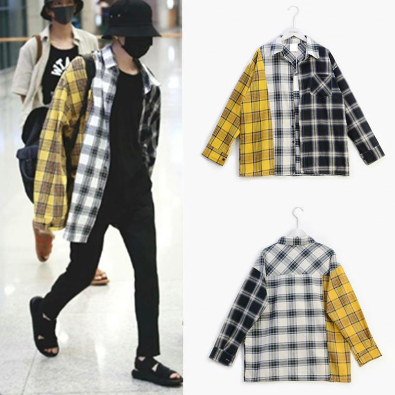 

kpop women shirt bangtan boys suga same hip hop fashion oversize loose clothes colorful plaid coat boyfriend style, White