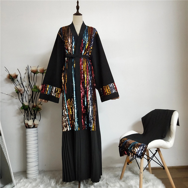 

Dubai Sequin Abaya Kimono Muslim Hijab Dress Kaftan Qatar Islamic Clothing For Women Robe Islam Omani Grote Maten Dames Kleding