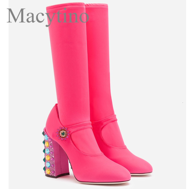 

Boots Luxury Jeweled Heel Sock Elastic Slim Fit Autumn Dress Shoes Women Rhinestone High E3CY, Red