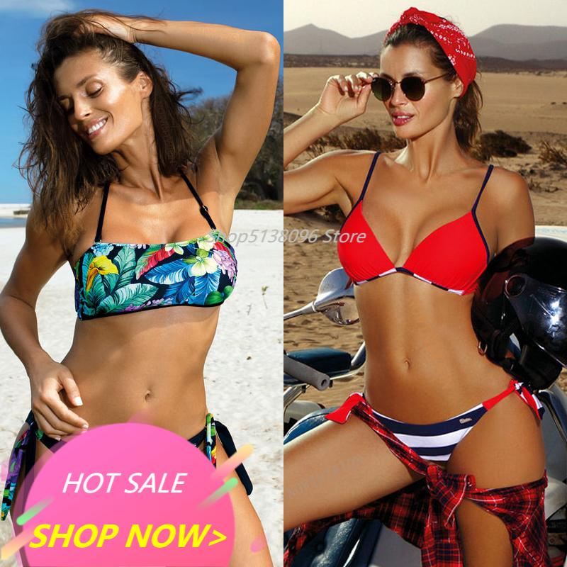 

Women' Swimwear Sexy Push Up Bikini 2021 Micro Women Print Swimsuit Female Striped Low Waist Bandage Set Two-Piece Suits XL