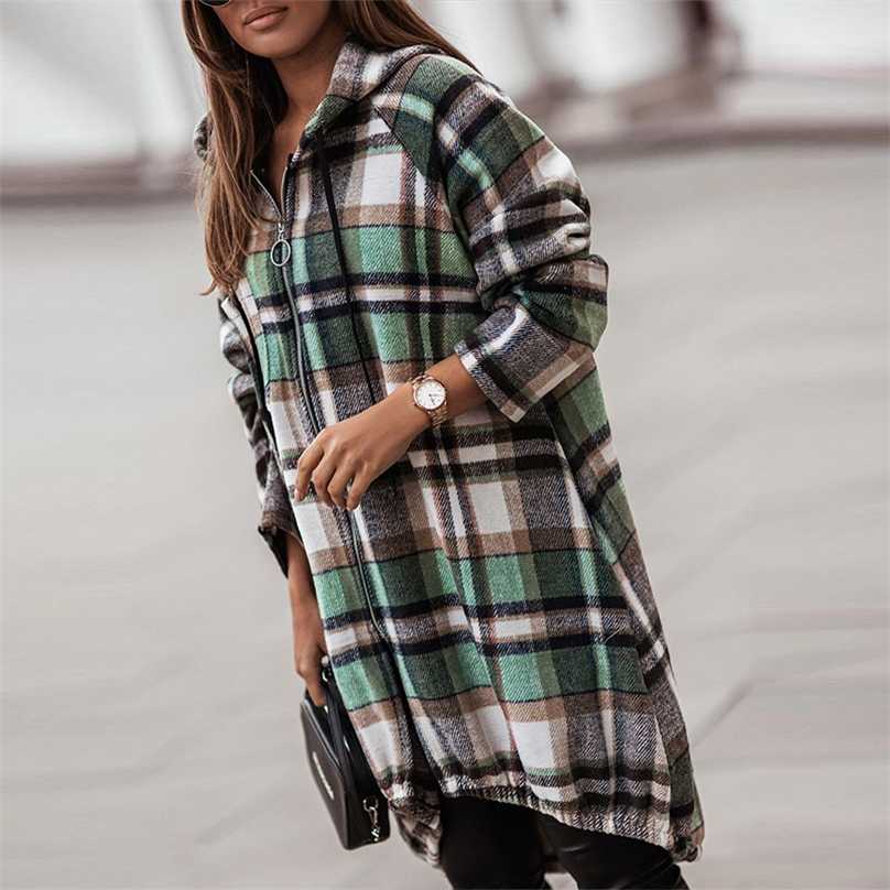 

2022 Spring Plaid Print Zipper Hooded Overcoat Women Casual Long Sleeve Street Jacket Coat Autumn Retro Office Long Top Cardigan 211019, Black