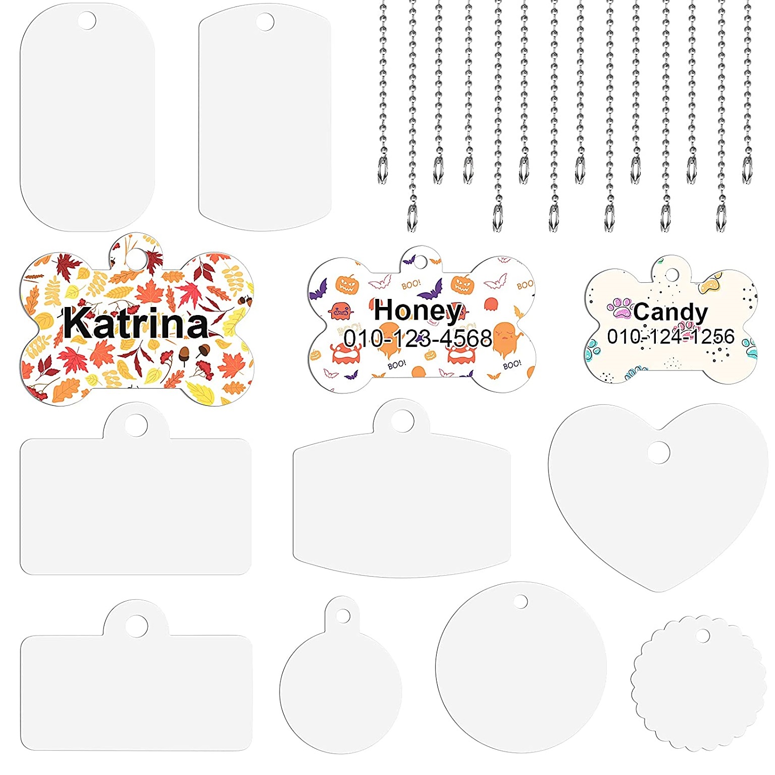 

Sublimation Dog Tags With Long Necklace Chain Blank Pet ID Tag Aluminum Double Sided Pendants for DIY Metal Stamping Blanks