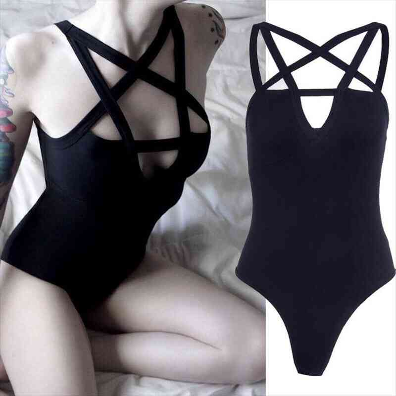 

trendy halter summer women stretch slim solid romper hip hop star cross gothic hollow out hole stretch bodysuit, Black;white