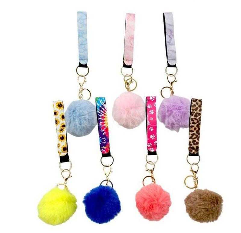 Defense Keychain Set Pompom Hand Sanitizer Wrist strap Lipstick Keychains Silver Keyring For Woman Men Self-defense Keyrings DD037