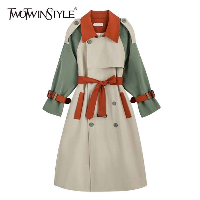

Vintage Patchwork Windbreaker For Women Lapel Long Sleeve High Waist With Sashes Lace Up Bowknot Coat Female Fall 210524, Aspicture