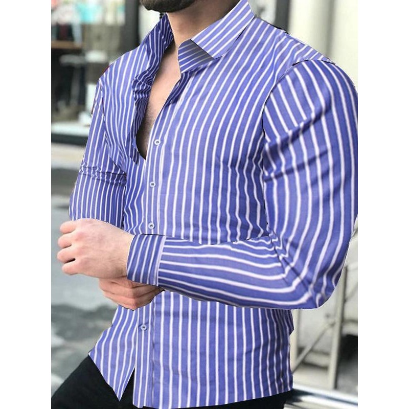 

Pure color striped comfortable men's long-sleeved shirt high quality comfortable fit fashion retro style travel office entertainment, White;black