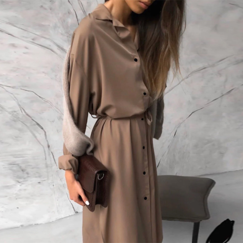 

2021dabourfeel fashion satin casual pockets button down dress with belt women turn down collar long sleeve midi dresses 2021 autumn, Black;gray