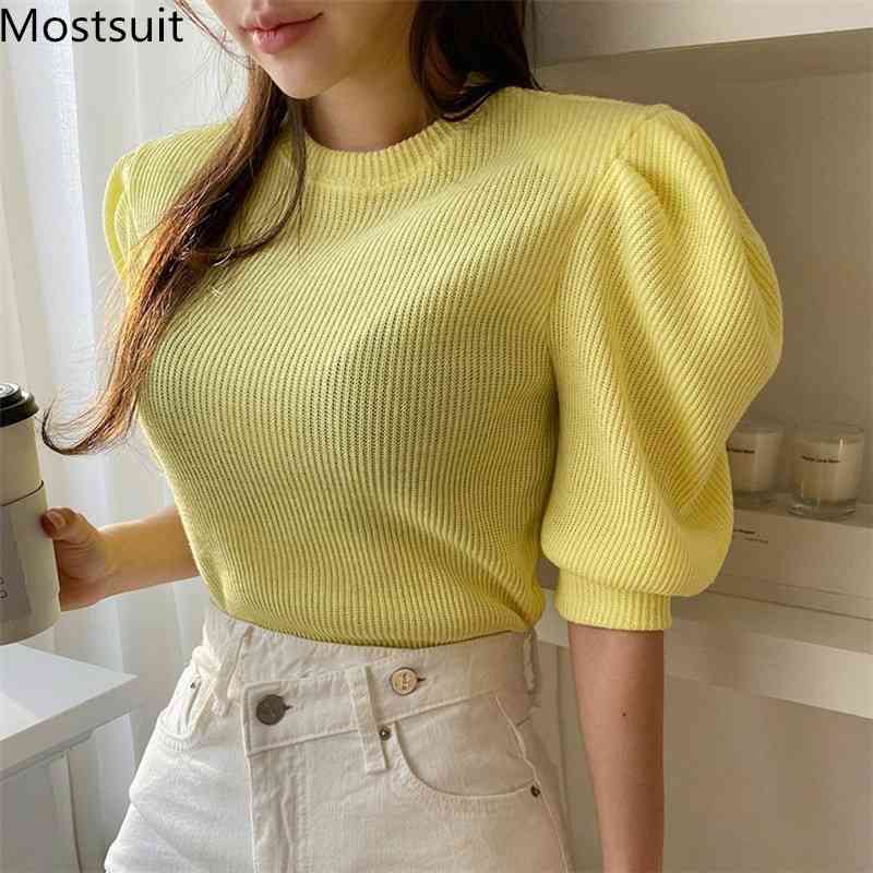 

Summer Knitted Korean Puff Sleeve T Shirts Tops Women Short O-neck Solid Fashion Ladies Basic Casual Tshirts Tees 210518, White