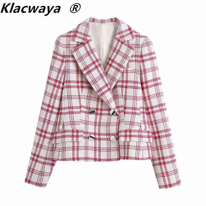 

Za Women Blazer Pink Plaid Long Sleeve Double Breasted Cropped Suits Office Elegant Suit Coat 210521, Red plaid