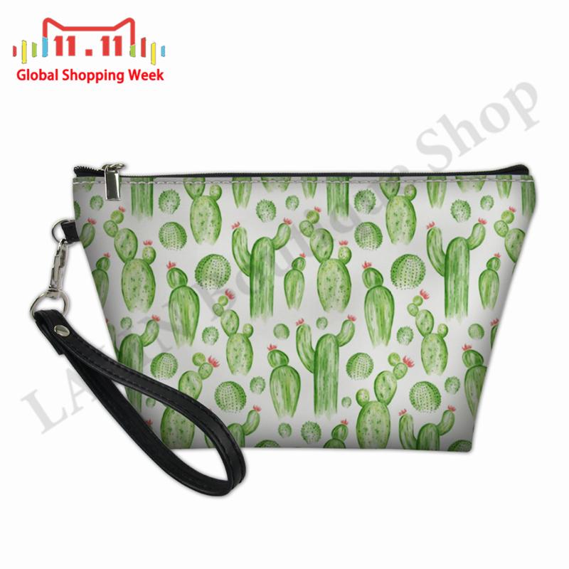 

Women's Green Cactus Garden Printed Cosmetic Cases For Make Up Ladies PU Leather Makeup Pouch Females Custom Travel Wash Kit Bag Bags