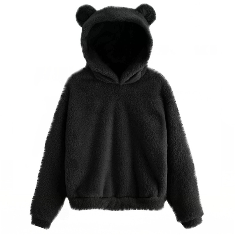 

Lovely Fleece Animal Hoodies Women Sweatshirt Long Sleeve Warm Bear Ear Hooded Plush Hoody Pullover Lady Winter Tops 211109, Black