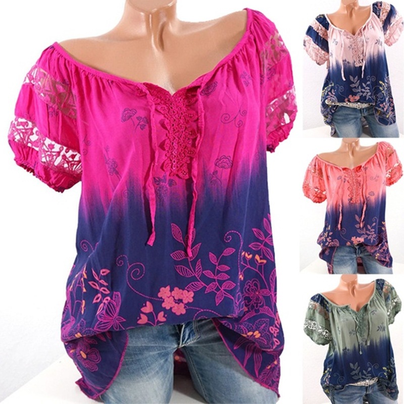 

Summer Casual T-shirt V-neck Printed Lace Ruffled Short Sleeves Top, As pic