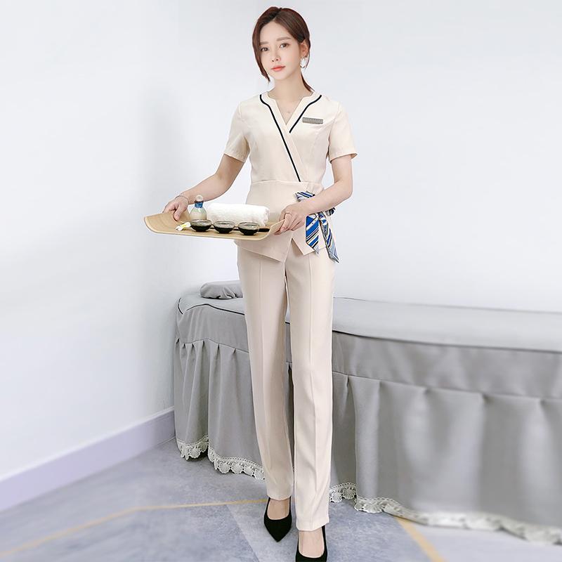 

Women's Two Piece Pants Sauna Foot Bath Women Uniform Suits For Beauty Salon Short Sleeve Workwear Spa Massage Female Working Clothing Sets, White with navy