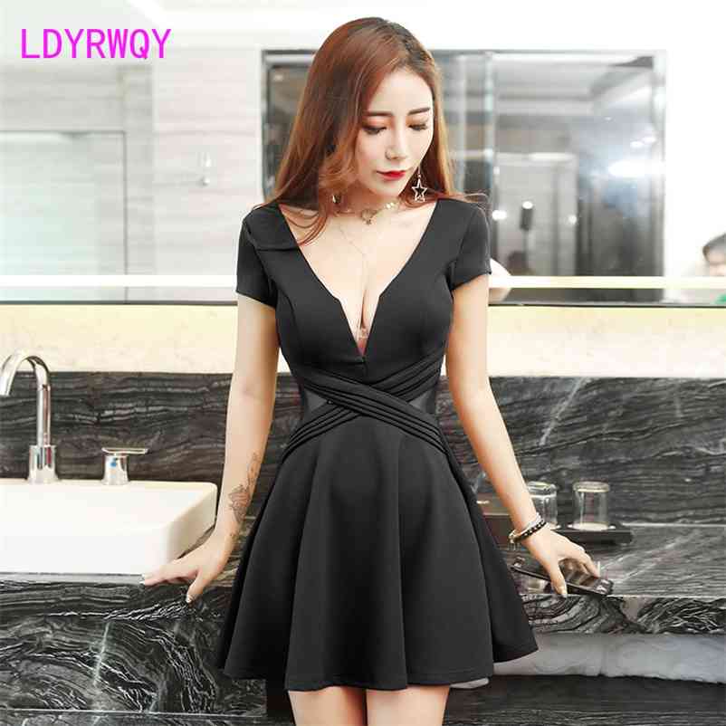 

LDYRWQY nightclub sexy women's style slim low-cut summer dress bar Regular Knee-Length V-Neck 210603, Black