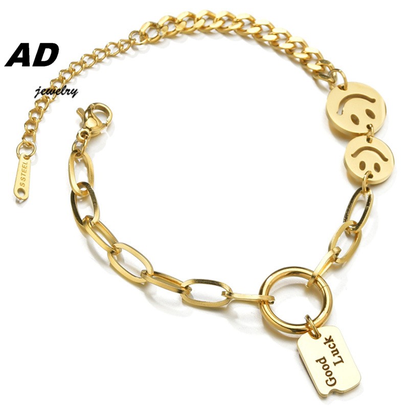 

Fashion Retro Style Titanium Steel Chain Smile Face Charm Bracelet Men Women Couples Good Lucky Pendant Jewelry