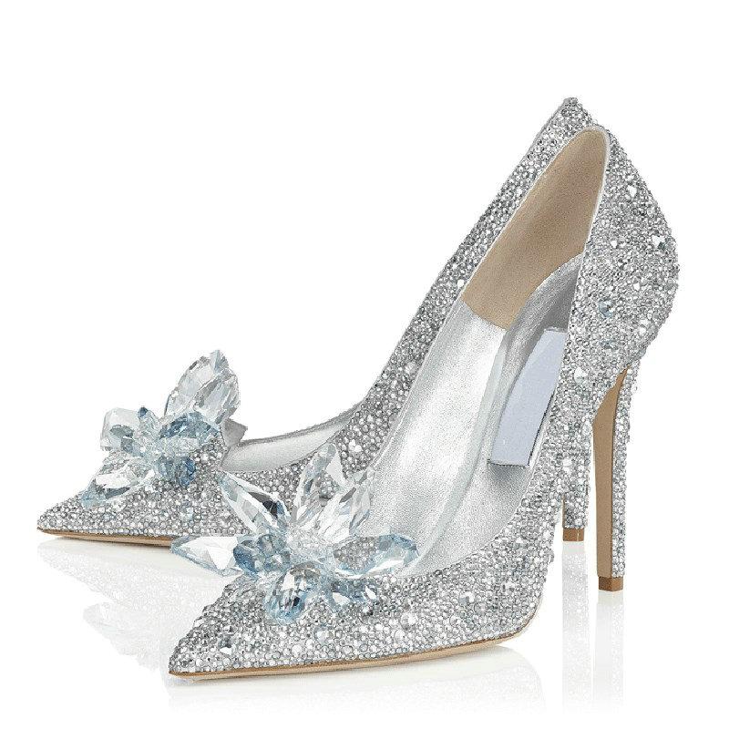 

Dress Shoes 2021 Cinderella Glass Pointed Toe Silver High-heeled Fine With Rhinestone Sequins Bridesmaid Wedding, Silver 7.5cm