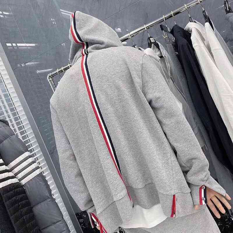 

Sweatshirts Men's Women's Autumn and Winter Browne Cotton Webbing Stitching Hooded Sweater Casual Zipper Cardigan Thom Jacket Hoodies Yf, Black