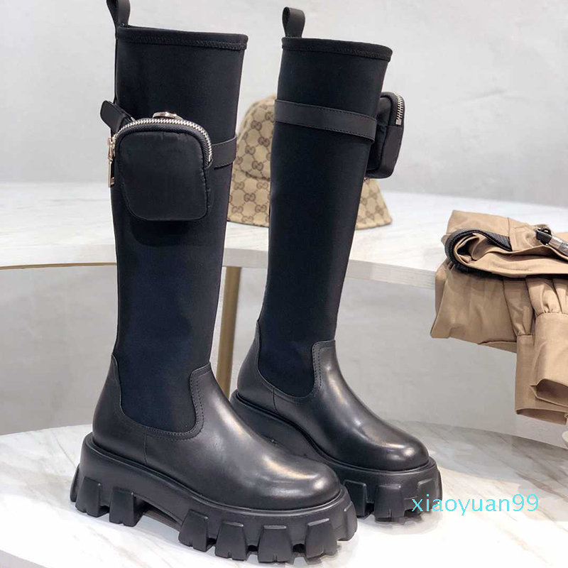 

Designer- Black platform combat boots fashion knee high leather elastic women winter long booties with pouch size 35-40, 1#
