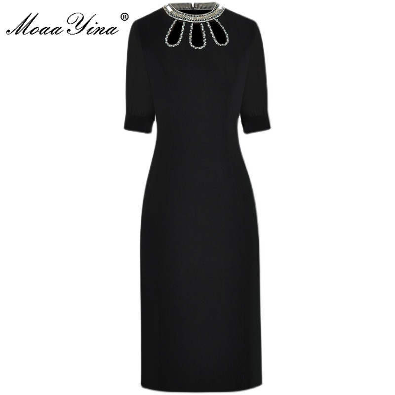 

Fashion Designer dress Summer Women' Dress O-neck Hollow out Beading Short sleeve Black Slim Pencil Midi 210524