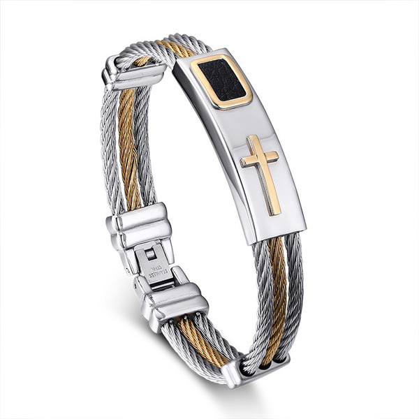 

Fashion Male Cross Cable Bangles Twisted Color Gold Titanium Steel Jesus Cross Charm Cuff Wire Bracelets Jewelry for Men Q0717
