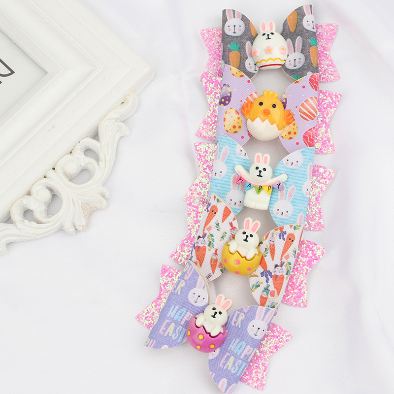 

Children Cartoon Anime Bow Leather Hair Clip Easter Egg Cute Rabbit Print Bow Hairpin Boutique Girls Hair Accessories 1315 B3, Style mix