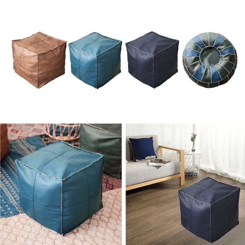 

Cushion/Decorative Pillow Moroccan PU Leather Pouf Embroider Craft Hassock Ottoman Footstool Artificial Unstuffed Cushion, Blue round