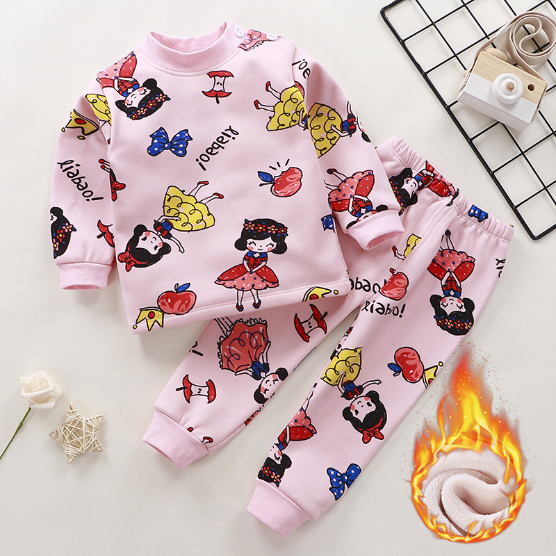 

2021 autumn and winter new children's thermal underwear set plus velvet baby thick pajamas home clothing children's clothing wholesale, White