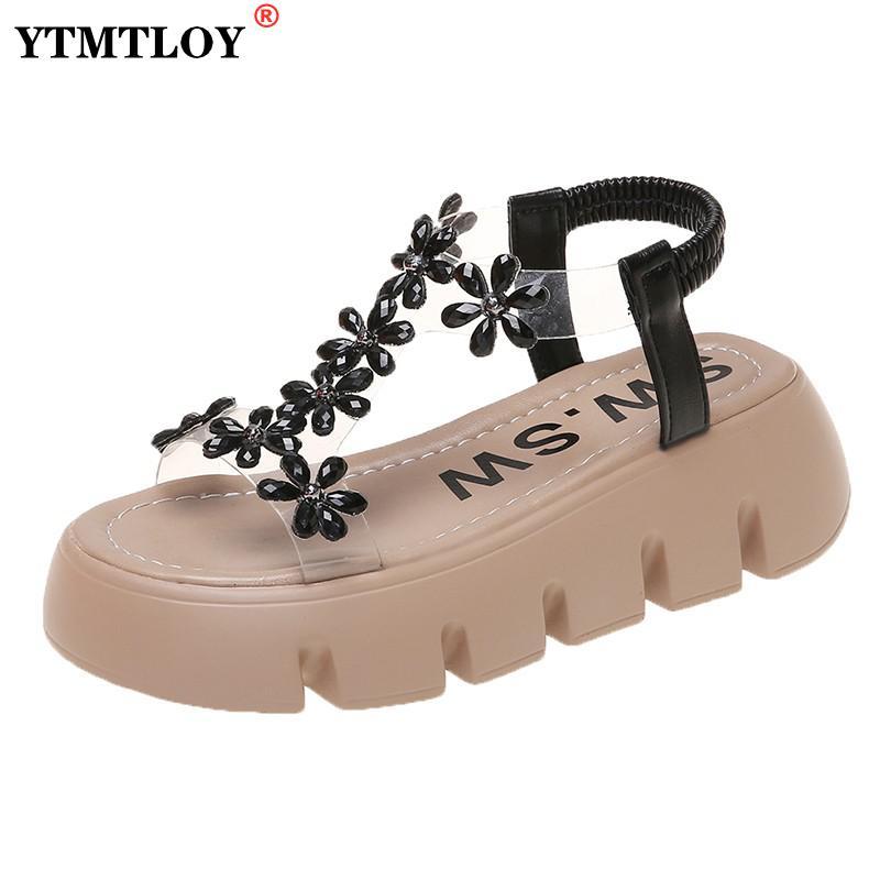 

Sandals Platform Women Flowers Rhinestone Transparent PVC Summer Shoes Casual Open Toe Thick Sole Peep Buckle Strap Sexy, Black