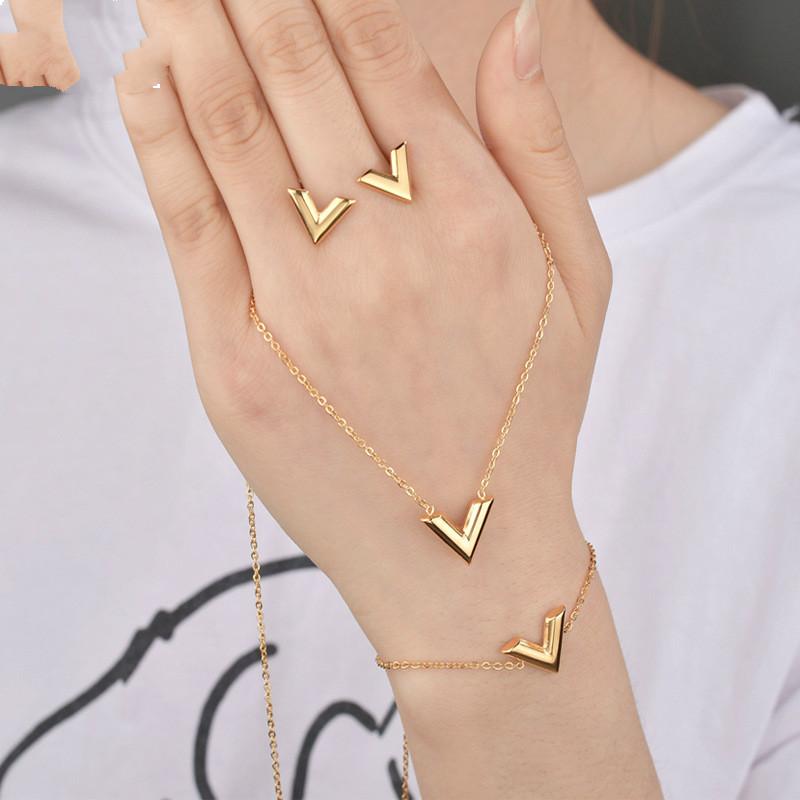 

Earrings & Necklace Fashion Parts Wholesale Stainless Steel Simple V Letter Bracelet Ear Stud Women's Suit Bridal Jewelry Sets, As pic