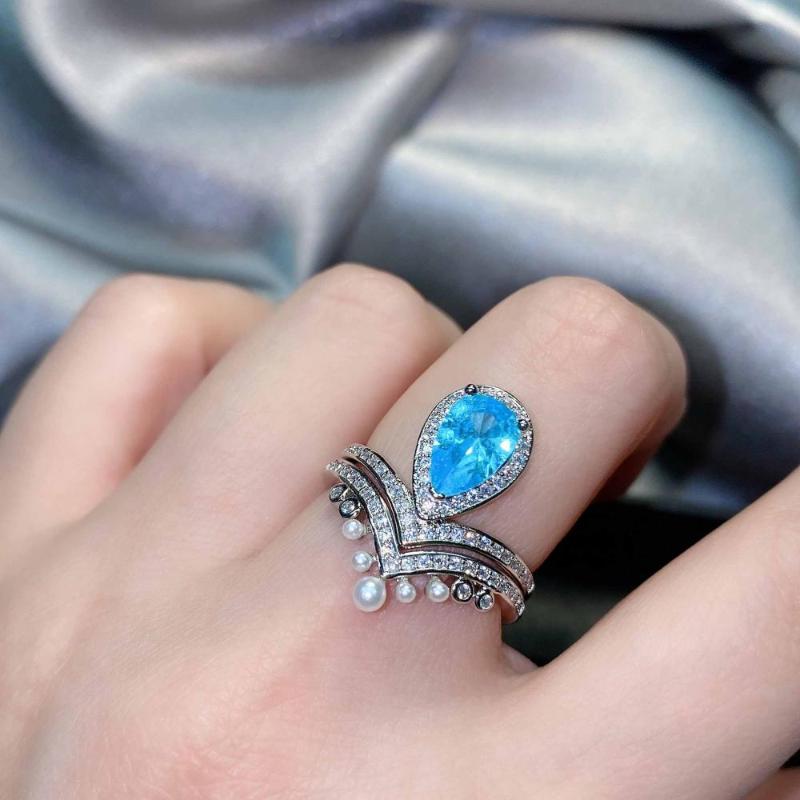 

Cluster Rings Imitation Natural Aquamarine Crown Diamond Ring High-End Design Pearl Color Treasure Stacking S925 Silver, Golden;silver