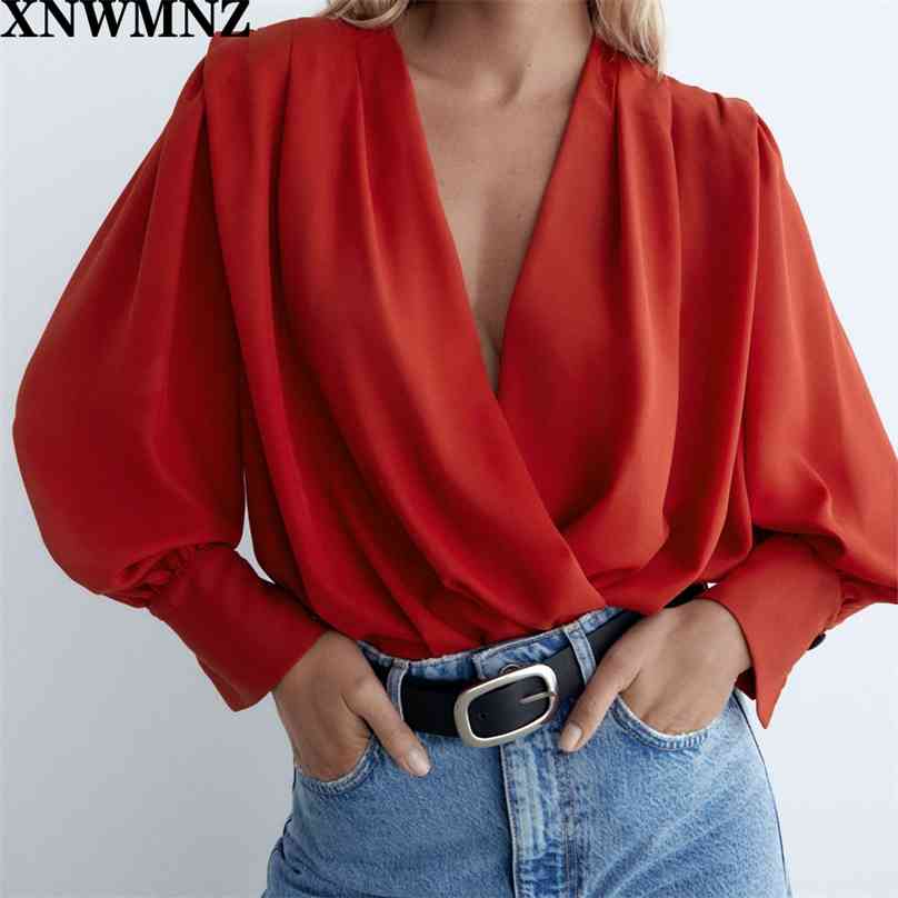 

women bodysuit with darts crossover V-neck long sleeve Casual elegaht bottom snap-button bodysuits 210520, Red