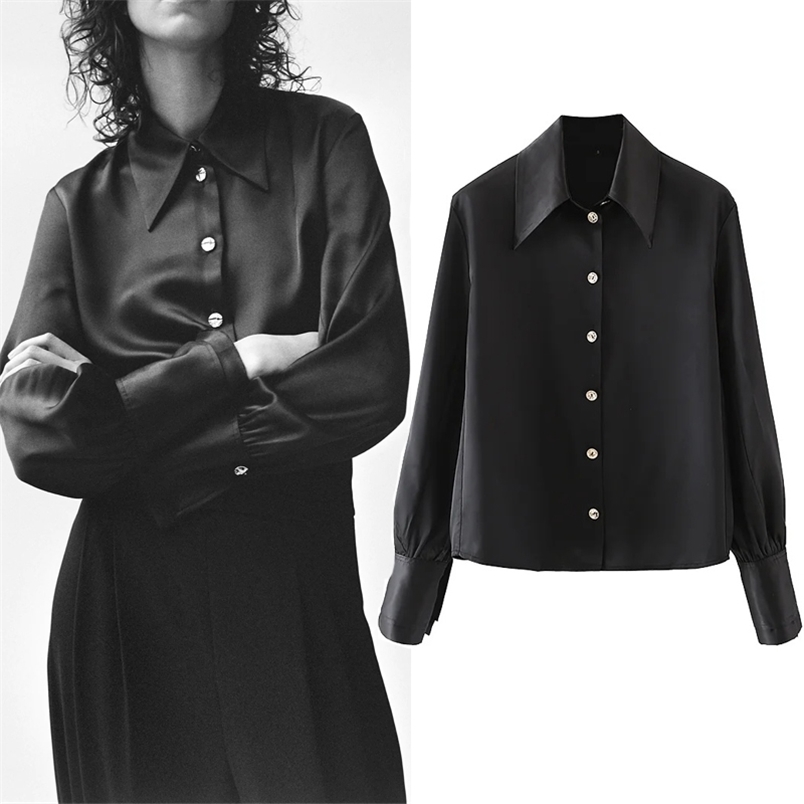 

Top Women Black Satin Blouse Woman Vintage Collared Button Up Long Sleeve Shirt Ladies Officewear Elegant Blouses 210519