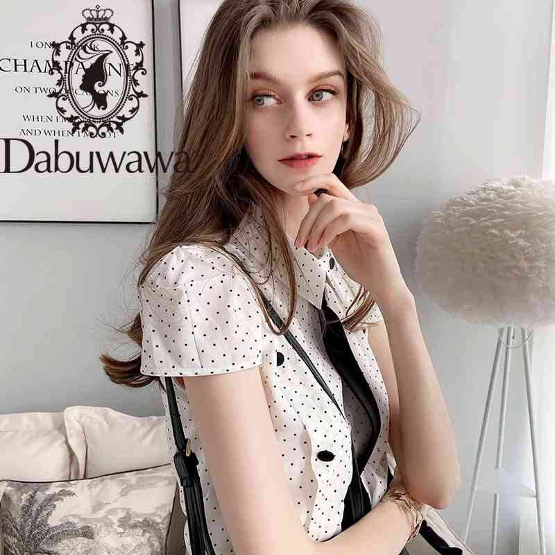 

Dabuwawa Elegant Dot Printed Chiffon Blouse Women Tie Neck Turn-down Collar Button Short Sleeve Shirts Office Lady DT1BCF009 210520, White