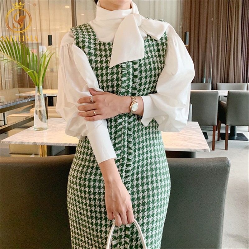 

Korea Style Solid Color Lantern Sleeve Bow Tie Neck White Shirt Two Pieces Set + Sexy Spaghetti Strap Houndstooth Dress Suit 210520, Photo color