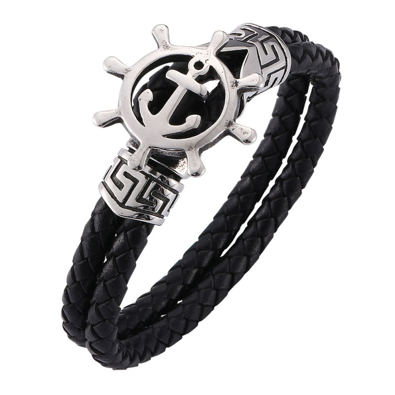 

Viking Style Stainless Steel Rudder Charm Black Genuine Leather Bracelet for Gift