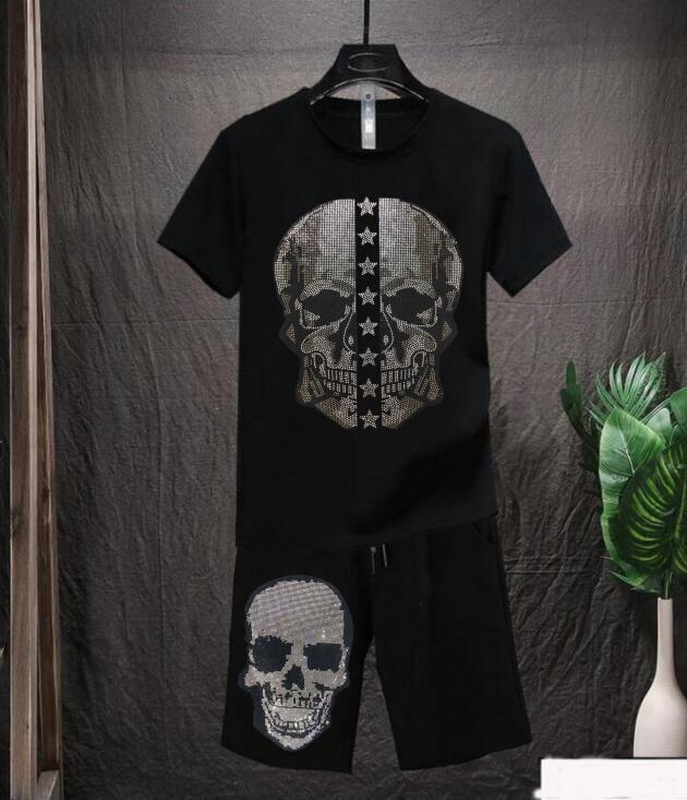 

Jogging Clothing Rhinestones Top Quality Set Mens Fashion Streetwear Short Sleeve O Neck 100% Cotton Tracksuit, Black;red