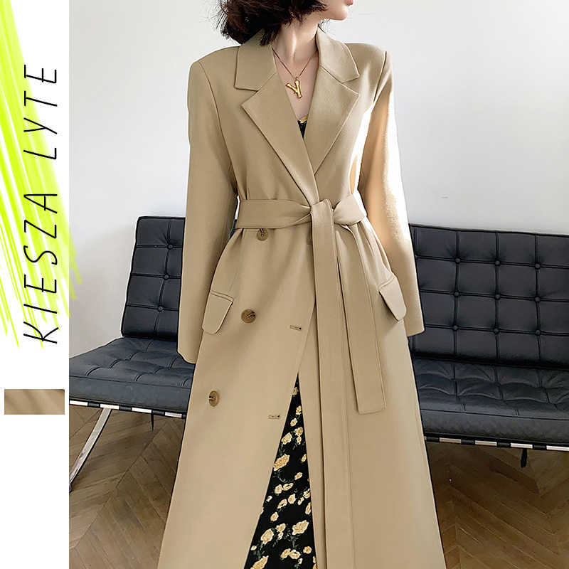 

Long Khaki Jacket for Women British Style Spring Autumn French Windbreaker Office Lady Outwear 210608