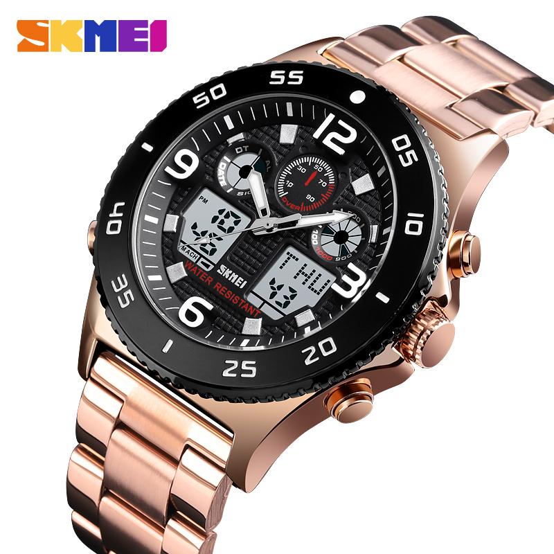 

Wristwatches Fashion Men Quartz Watch Sports Digital Watches Waterproof Outdoor Wristwatch Stainless Steel 3 Time Relogio Masculino, Slivery;brown