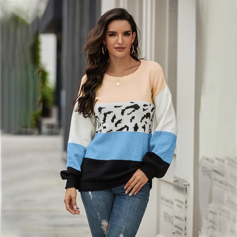 

Women' Sweaters Fashion Casual Leopard Print Patchwork Long Sleeve Sweater Fall Winter Jumper Knitted Pullover, Light grey
