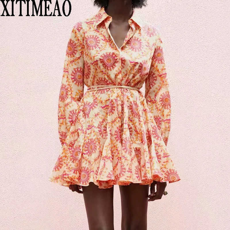 

Za Long Sleeve Women Retro Printing Shirt Dresses Ruffles Female Holiday Lapel Sexy Big Swing A-line Mini Dress XITIMEAO 210602, Orange