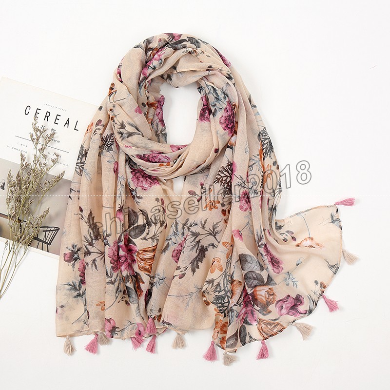 

2021 Women Ethnic Floral Tassel Cotton Shawl Scarf Print Khaki Wrap Vintage Pashmina Stole Bufandas Muslim Hijab Sjaal 180*90cm