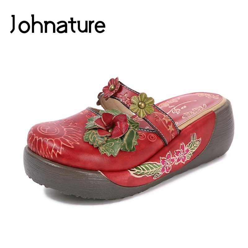 

Slippers Johnature Womens Beach Shoes 2021 Handmade Genuine Leather Retro Appliques Floral Summer Portable Platform Slides, Black