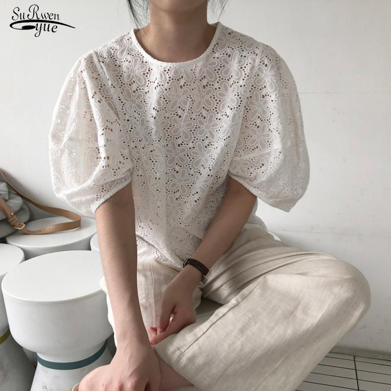 

Women's Blouses & Shirts Hollow Out Short Sleeve Blouse Women Summer Office Lady V-Neck Floral Shirt Pullover White Ladies Tops Clothing 142