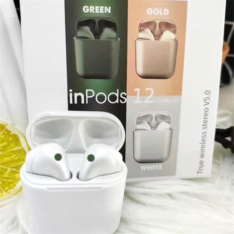

Wireless Bluetooth Headphones TWS inpods 12 Metallic V5.0 Stereo Cell Phone Earphones Sports Sweatproof Headphone Touch Earbuds, White