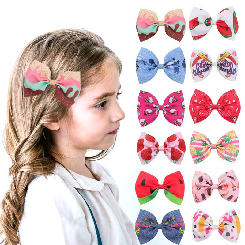 

4 inches Hair Accessories Baby Girls Bow Hairpin Fruit print Headwear fashion Kids hairbow Boutique children Barrettes Z3768, Slivery;white