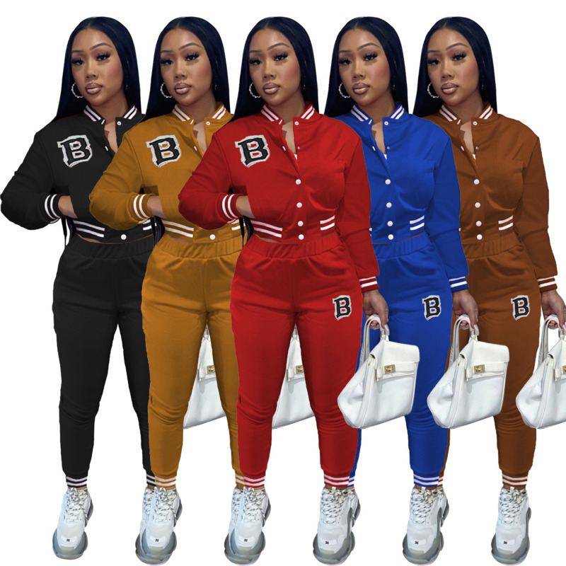 

Women Sports Tracksuits Two Piece Pants Set Designer Fall Winter Baseball Uniform Letter Printing Button Cardigan Jackets Sportswear, Yellow