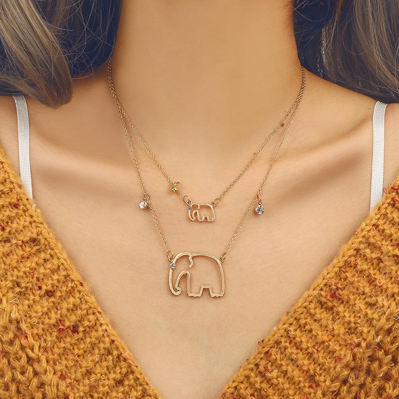 

Pendant Necklaces Bohemian Vintage Double Layer Hollow Elephant Women Gold Chains Rhinestone Clavicle Necklace Jewelry YN232